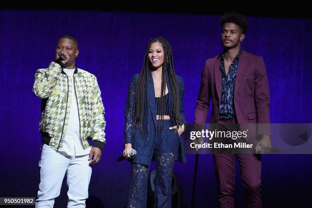 Actors Jason Mitchell, Lex Scott Davis and Trevor Jackson speak onstage during the CinemaCon 2018 Gala Opening Night Event: Sony Pictures Highlights...