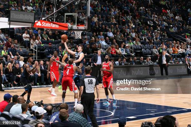 Nemanja Bjelica of the Minnesota Timberwolves goes to the basket against the Houston Rockets in Game Four of Round One of the 2018 NBA Playoffs on...