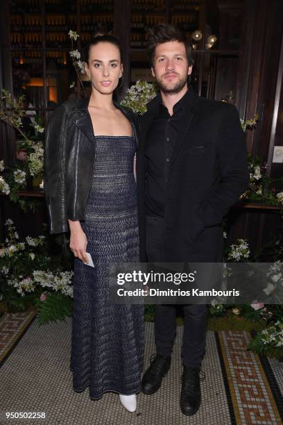 Sophie Auster , wearing a navy and silver, cotton and polyamide dress, Look 38, from the Spring-Summer 2018 Act 1 Ready-to-Wear Collection with...