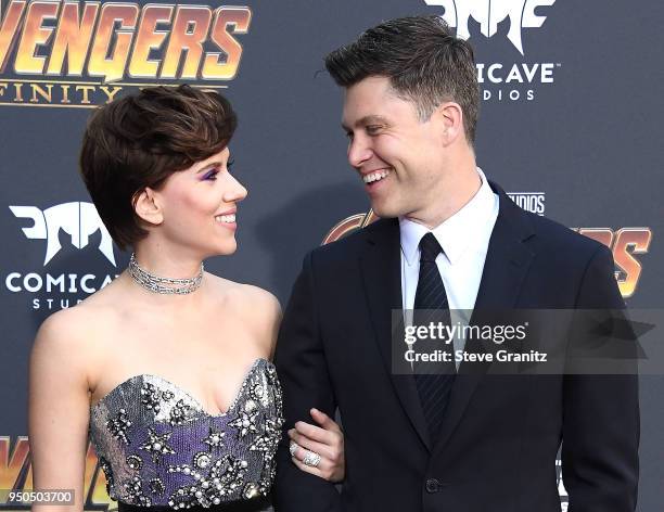 Scarlett Johansson, Colin Jost arrives at the Premiere Of Disney And Marvel's "Avengers: Infinity War" on April 23, 2018 in Los Angeles, California.