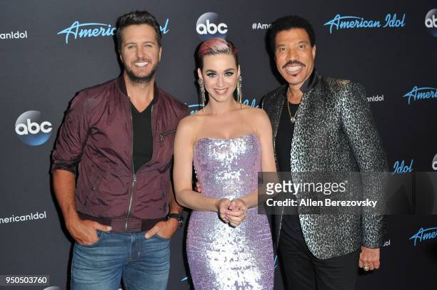 Judges Luke Bryan, Katy Perry and Lionel Richie arrive at ABC's "American Idol" show on April 23, 2018 in Los Angeles, California.