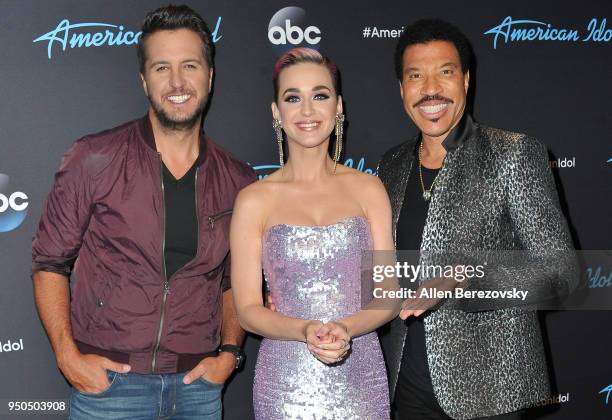 Judges Luke Bryan, Katy Perry and Lionel Richie arrive at ABC's "American Idol" show on April 23, 2018 in Los Angeles, California.