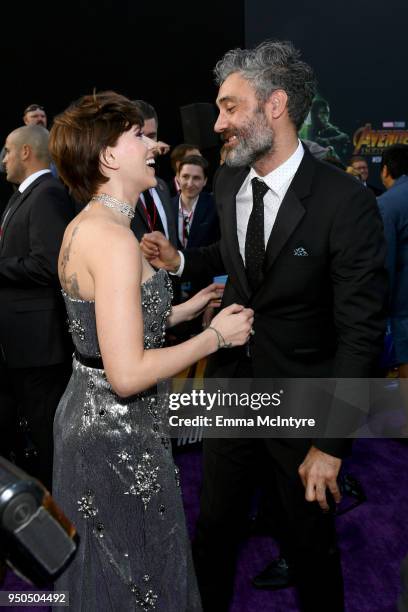 Scarlett Johansson and Taika Waititi attend the premiere of Disney and Marvel's 'Avengers: Infinity War' on April 23, 2018 in Los Angeles, California.