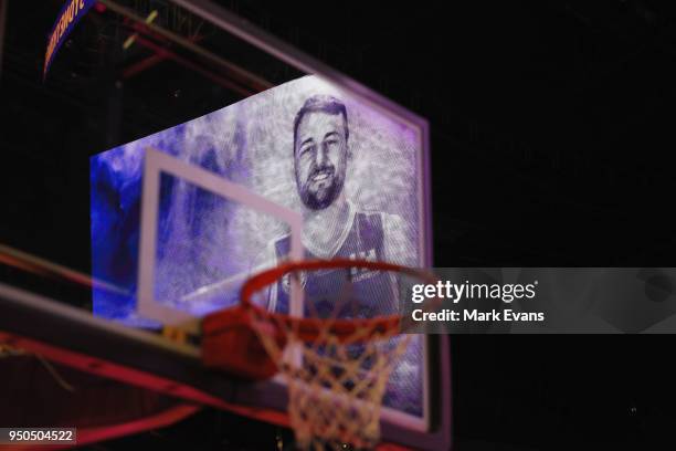 An image of Andrew Bogut is reflected in a basket during the unveiling of Andrew Bogut as a Sydney Kings player at Qudos Bank Arena on April 24, 2018...