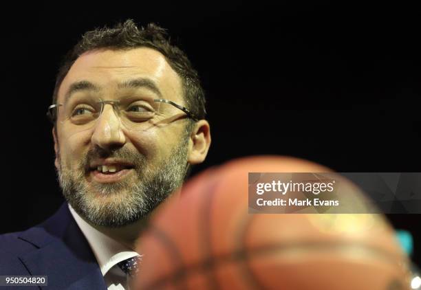 Jeremy Loeliger, CEO of the NBL , during a press conference unveiling Andrew Bogut as a Sydney Kings player at Qudos Bank Arena on April 24, 2018 in...