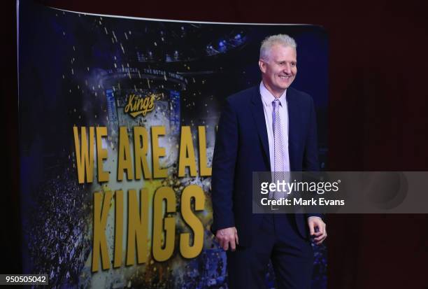 Andrew Gaze, Coach of the Sydney Kings, speaks during a press conference unveiling Andrew Bogut as a Sydney Kings player at Qudos Bank Arena on April...