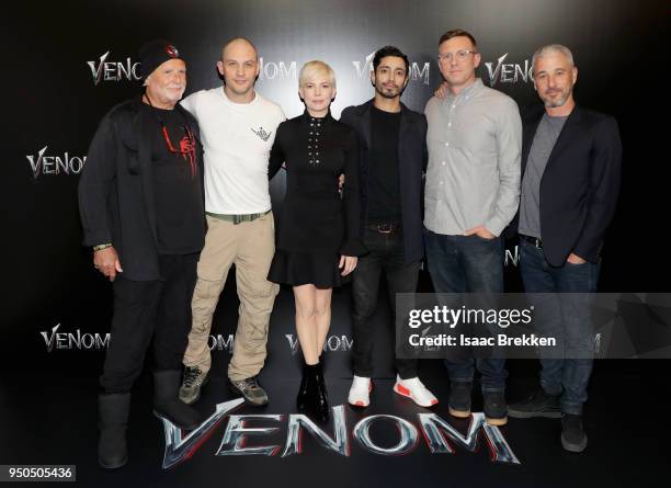 Producer Avi Arad, actors Michelle Williams, Tom Hardy, Riz Ahmed, director Ruben Fleischer and producer Matt Tolmach attend the CinemaCon 2018 Gala...