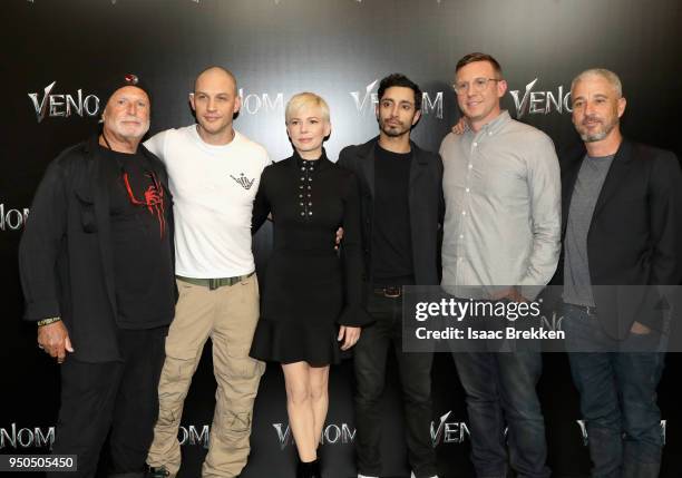 Producer Avi Arad, actors Michelle Williams, Tom Hardy, Riz Ahmed, director Ruben Fleischer and producer Matt Tolmach attend the CinemaCon 2018 Gala...
