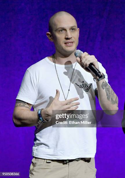 Actor Tom Hardy speaks onstage during the CinemaCon 2018 Gala Opening Night Event: Sony Pictures Highlights its 2018 Summer and Beyond Films at The...