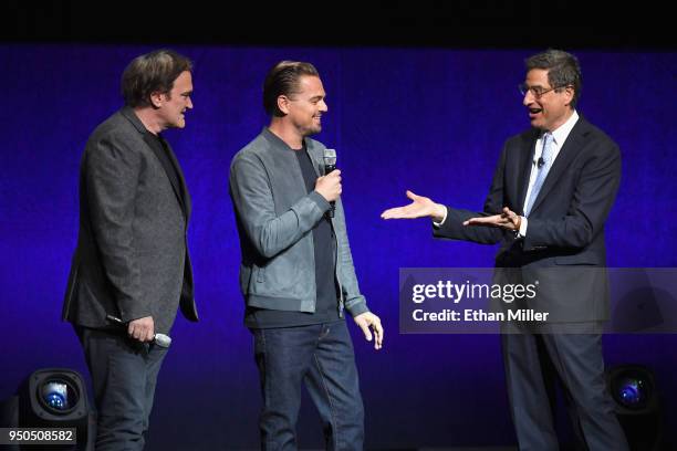 Director Quentin Tarantino, actor Leonardo DiCaprio and Sony Pictures Entertainment Motion Picture Group Chairman Tom Rothman speak onstage during...