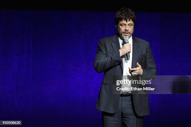 Actor Benicio del Toro speaks onstage during the CinemaCon 2018 Gala Opening Night Event: Sony Pictures Highlights its 2018 Summer and Beyond Films...