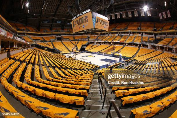 General view of the stadium featuring Playoffs signage before the game between Cleveland Cavaliers and Indiana Pacers in Game Three of Round One of...