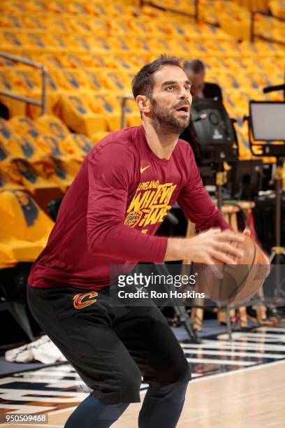 Jose Calderon of the Cleveland Cavaliers shoots the ball before the game against the Indiana Pacers in Game Three of Round One of the 2018 NBA...