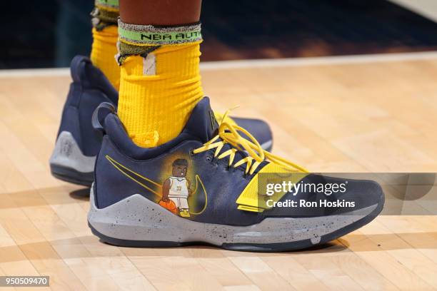 Sneakers of Myles Turner of the Indiana Pacers during the game against the Cleveland Cavaliers in Game Three of Round One of the 2018 NBA Playoffs on...