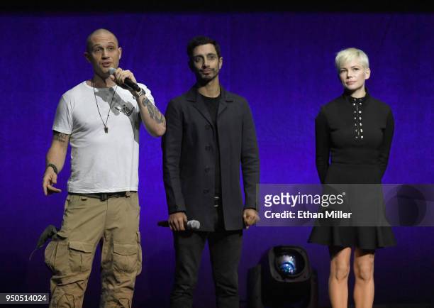 Actors Tom Hardy, Riz Ahmed and Michelle Williams speak onstage during the CinemaCon 2018 Gala Opening Night Event: Sony Pictures Highlights its 2018...