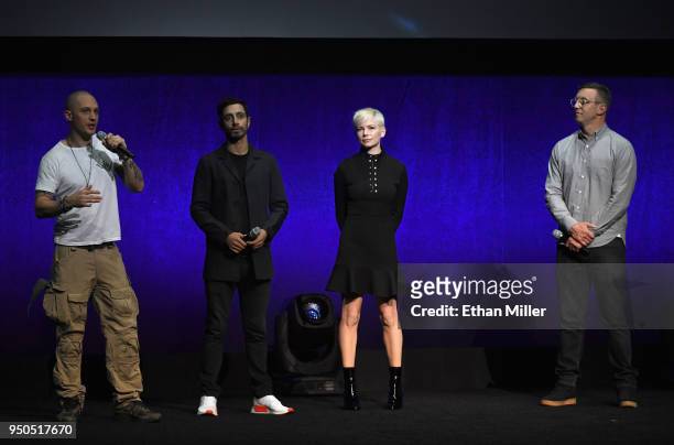 Actors Tom Hardy, Riz Ahmed and Michelle Williams and director Ruben Fleischer speak onstage during the CinemaCon 2018 Gala Opening Night Event: Sony...