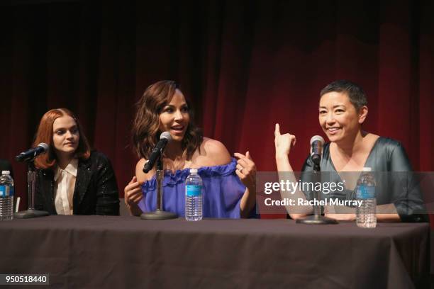 Actress Madeline Brewer, actress Amanda Brugel and costume designer Ane Crabtree speak onstage at Hulu's "The Handmaid's Tale" Women in Film panel at...