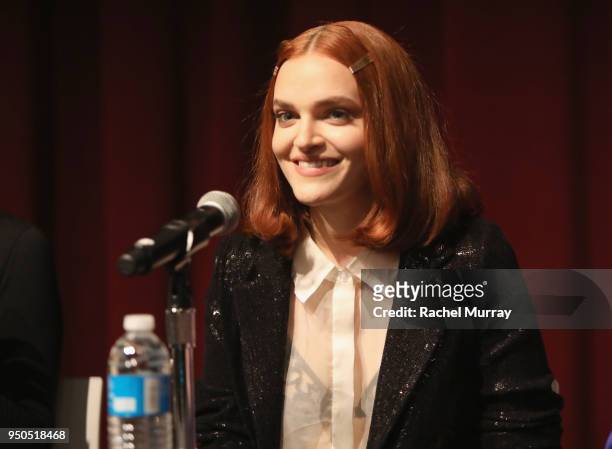 Actress Madeline Brewer speaks onstage at Hulu's "The Handmaid's Tale" Women in Film panel at the West Hollywood Library on April 23, 2018 in West...