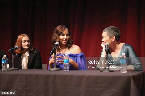 Actress Madeline Brewer, actress Amanda Brugel and costume designer Ane Crabtree speak onstage at Hulu's "The Handmaid's Tale" Women in Film panel at...