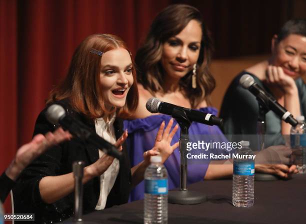 Actress Madeline Brewer, actress Amanda Brugel and costume designer Ane Crabtree speak onstage at Hulu's "The Handmaid's Tale" Women in Film panel at...