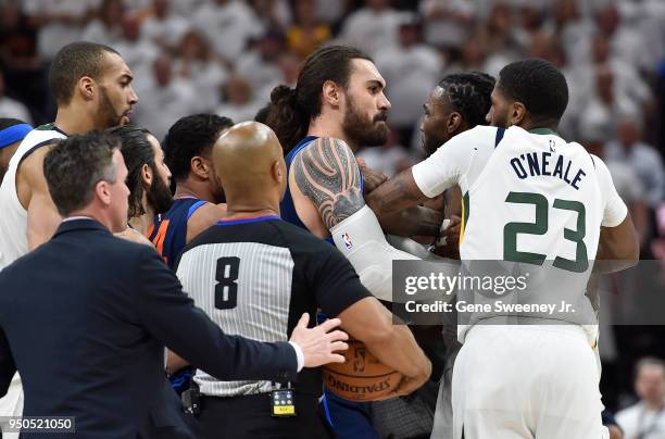 Steven Adams of the Oklahoma City Thunder and Jae Crowder of the Utah Jazz had to be restrained in the second half, Jae Crowder would be ejected,...