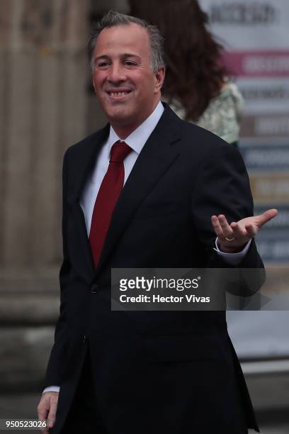 Jose Antonio Meade, presidential candidate of the Coalition All For Mexico , arrives to the first Presidential Debate at Palacio de Mineria on April...