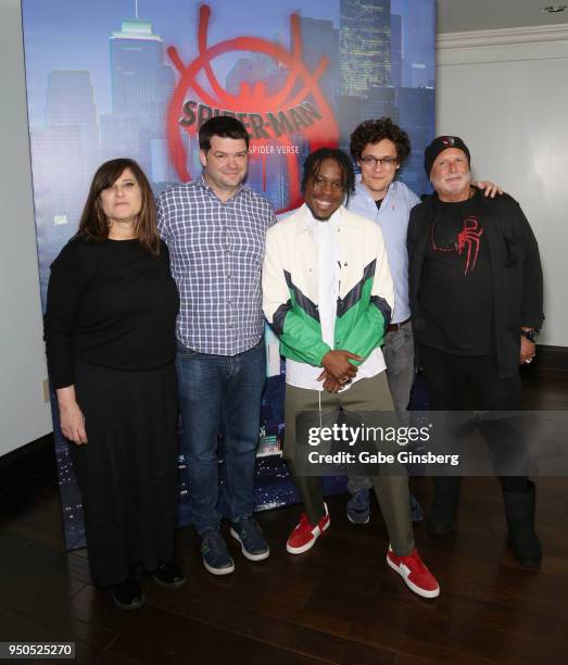 Producers Amy Pascal, Chris Miller, actor Shameik Moore, producer/writer Phil Lord and producer Avi Arad attend the CinemaCon 2018 Gala Opening Night...