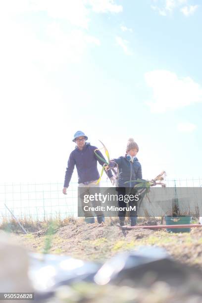 father and son doing farm work - scallion brush stock pictures, royalty-free photos & images