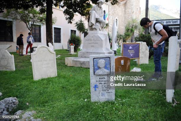 View of the art installation Eternity with tombstonesand Mark Zuckerberg tomb is displayed after the ceremony where Italian artist Maurizio Cattelan...