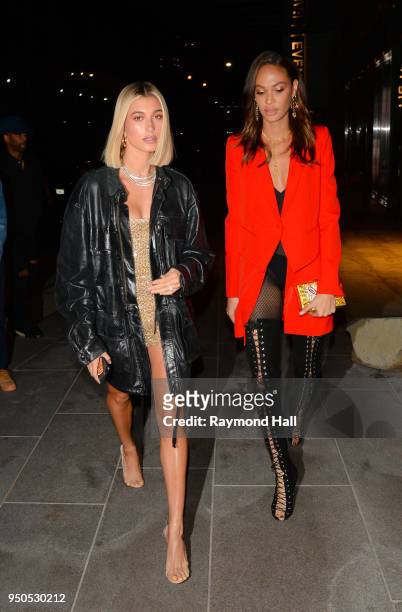 Model Hailey Baldwin and Joans Smalls are seen arriving at Gigi Hadid's party in Brooklyn on April 23, 2018 in New York City.