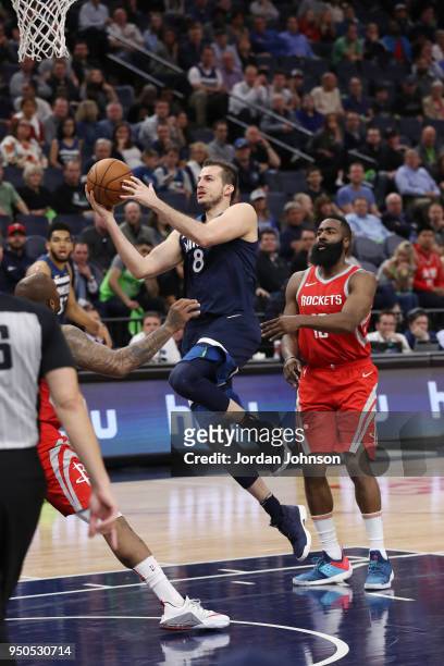 Nemanja Bjelica of the Minnesota Timberwolves goes to the basket against the Houston Rockets in Game Four of Round One of the 2018 NBA Playoffs on...