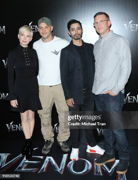 Michelle Williams, Tom Hardy, Riz Ahmed and Ruben Fleischer attend the 2018 CinemaCon - Sony Pictures Entertainment exclusive presentation 2018...