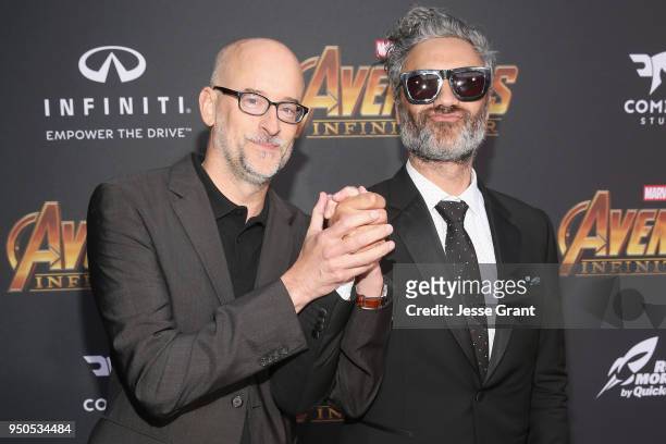 Directors Peyton Reed and Taika Waititi attend the Los Angeles Global Premiere for Marvel Studios Avengers: Infinity War on April 23, 2018 in...