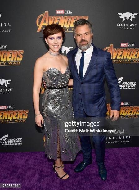 Actors Scarlett Johansson and Mark Ruffalo attend the Los Angeles Global Premiere for Marvel Studios Avengers: Infinity War on April 23, 2018 in...