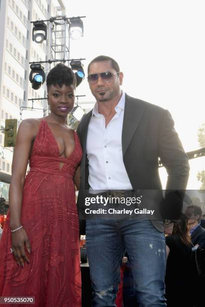 Actors Danai Gurira and Dave Bautista attend the Los Angeles Global Premiere for Marvel Studios Avengers: Infinity War on April 23, 2018 in...