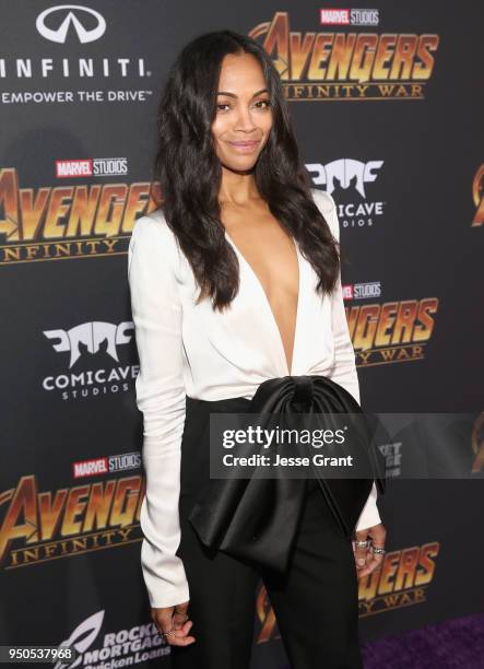 Actor Zoe Saldana attends the Los Angeles Global Premiere for Marvel Studios Avengers: Infinity War on April 23, 2018 in Hollywood, California.
