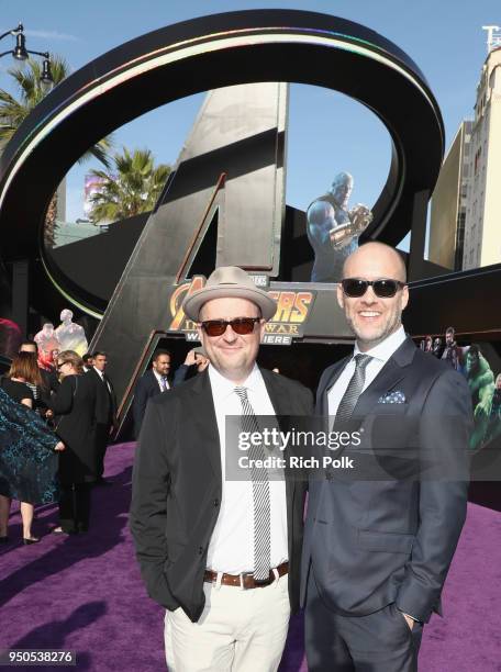 Screenwriters Christopher Markus and Stephen McFeely attend the Los Angeles Global Premiere for Marvel Studios Avengers: Infinity War on April 23,...