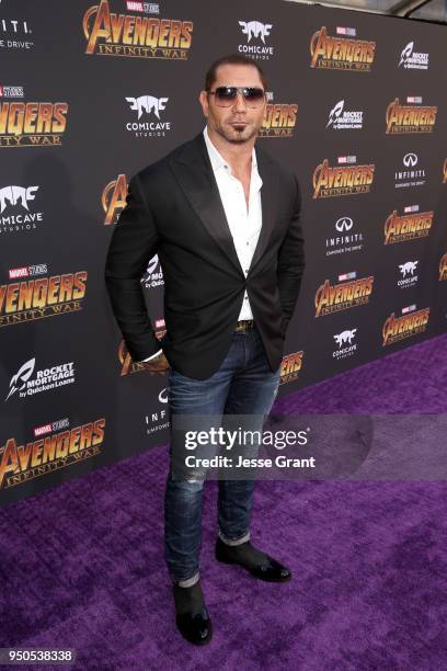 Actor Dave Bautista attends the Los Angeles Global Premiere for Marvel Studios Avengers: Infinity War on April 23, 2018 in Hollywood, California.
