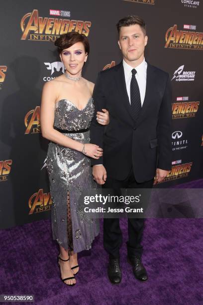 Actors Scarlett Johansson and Colin Jost attend the Los Angeles Global Premiere for Marvel Studios Avengers: Infinity War on April 23, 2018 in...