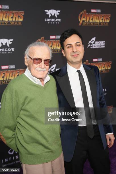 Stan Lee and Keya Morgan attends the Los Angeles Global Premiere for Marvel Studios Avengers: Infinity War on April 23, 2018 in Hollywood,...