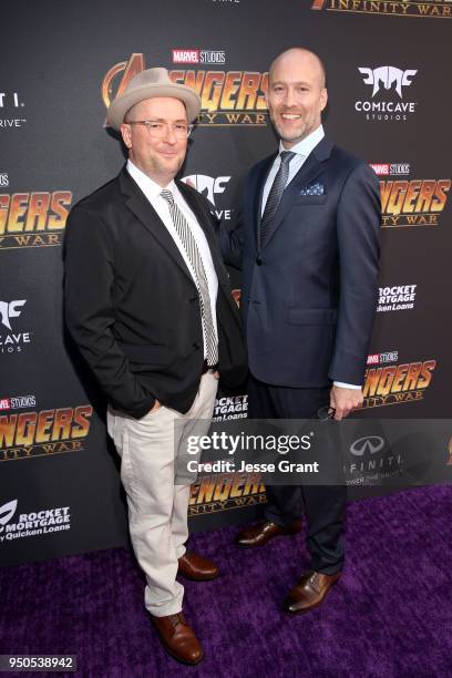 Screenwriters Christopher Markus and Stephen McFeely attend the Los Angeles Global Premiere for Marvel Studios Avengers: Infinity War on April 23,...