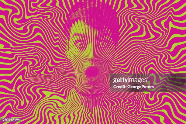 bildbanksillustrationer, clip art samt tecknat material och ikoner med kvinna med chockad ansikts uttryck och halvton mönster - psykedelisk