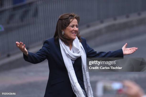 Margarita Zavala, independent presidential candidate, greets supporters prior the First Presidential Debate at Palacio de Mineria on April 22, 2018...