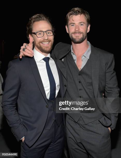 Actors Tom Hiddleston and Chris Hemsworth attend the Los Angeles Global Premiere for Marvel Studios Avengers: Infinity War on April 23, 2018 in...
