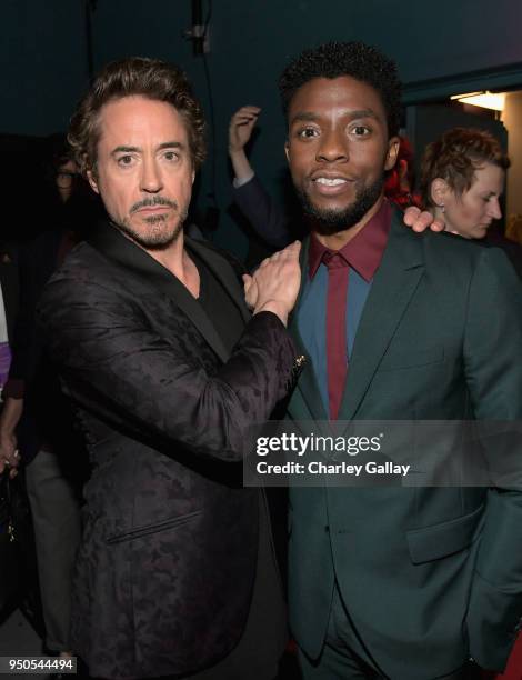Actors Robert Downey Jr. And Chadwick Boseman attend the Los Angeles Global Premiere for Marvel Studios Avengers: Infinity War on April 23, 2018 in...
