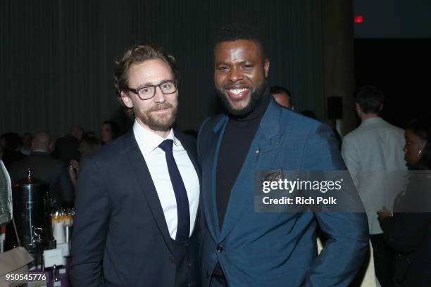 Actors Tom Hiddleston and Winston Duke attends the Los Angeles Global Premiere for Marvel Studios Avengers: Infinity War on April 23, 2018 in...