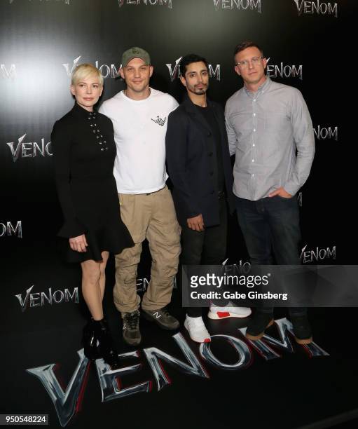Actress Michelle Williams, actors Tom Hardy, Riz Ahmed and director Ruben Fleischer attend the CinemaCon 2018 Gala Opening Night Event: Sony Pictures...