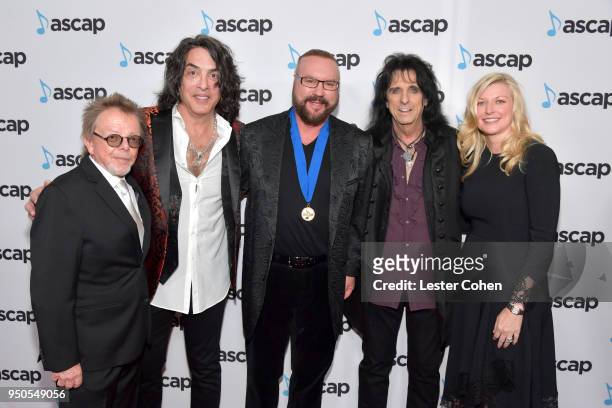 President Paul Williams, Paul Stanley, Desmond Child, Alice Cooper and ASCAP CEO Beth Matthews attend the 35th Annual ASCAP Pop Music Awards at The...