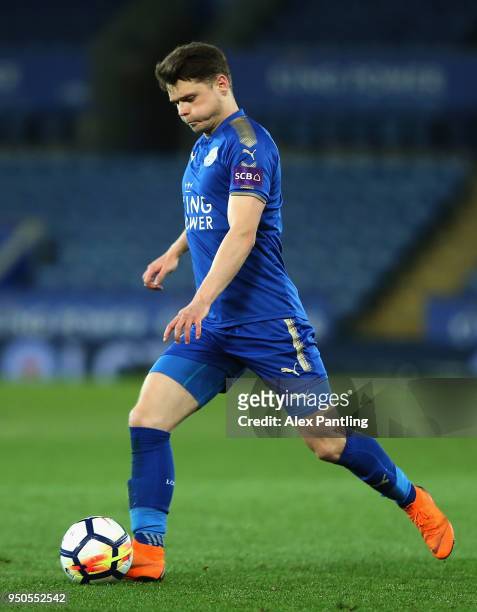 Connor Wood of Leicester City runs with the ball during the Premier league 2 match between Leicester City and Derby County at King Power Stadium on...