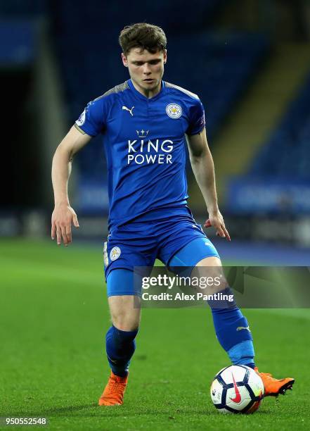 Connor Wood of Leicester City runs with the ball during the Premier league 2 match between Leicester City and Derby County at King Power Stadium on...